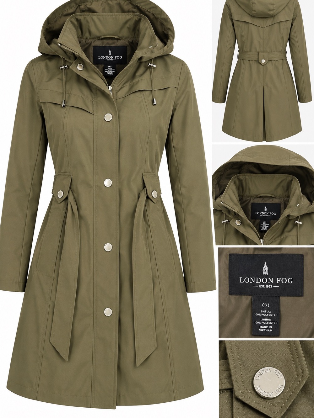 London Fog Olive Green Hooded Trench Coat with Tie Waist